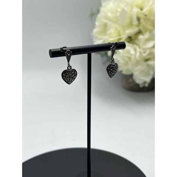 Sterling Silver 925 Marcasite Heart Drop Dangle Pierced Earrings - Picture 2 of 15